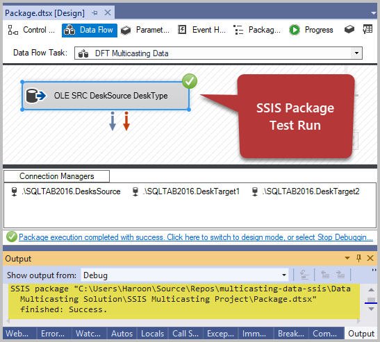 Now if the source connection is set up carefully, there is no reason for the package to fail. You’ll watch the successful package run