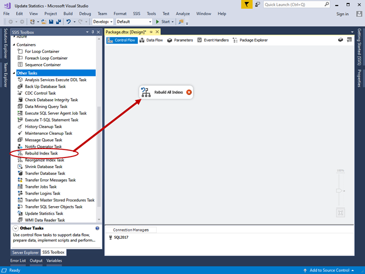 Practical creation, deployment, and execution of SSIS package. Rebuild index task 