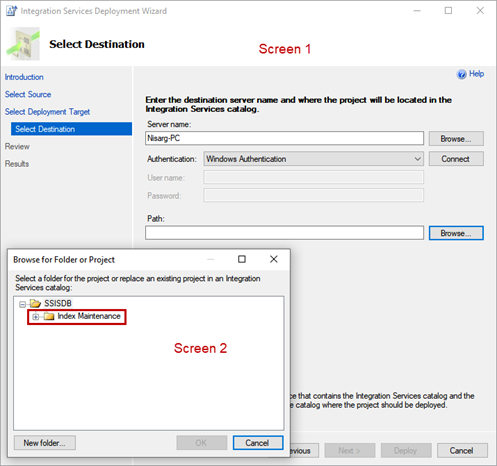 Integration Services Deployment Wizard - Select Destination screen