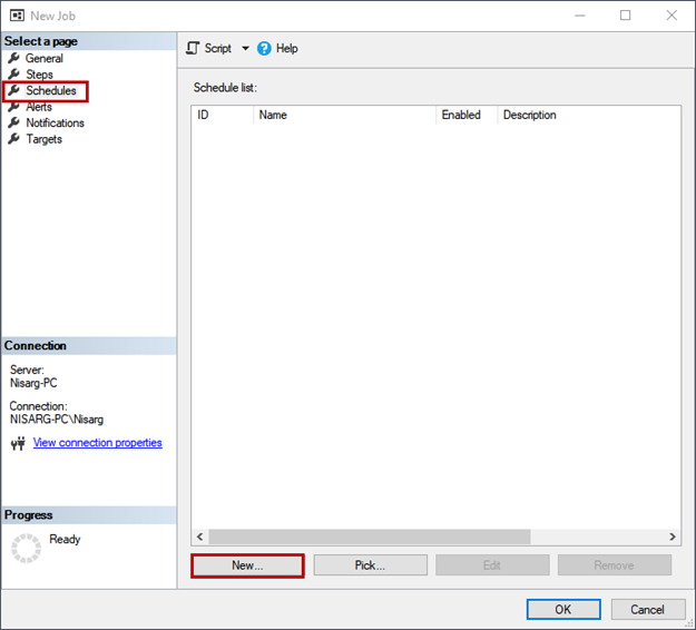 Schedule the SQL Server Integration Service Package execution. New Job Schedule dialog box