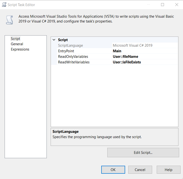 Script Task Properties. Note the read-only and read-write variables.