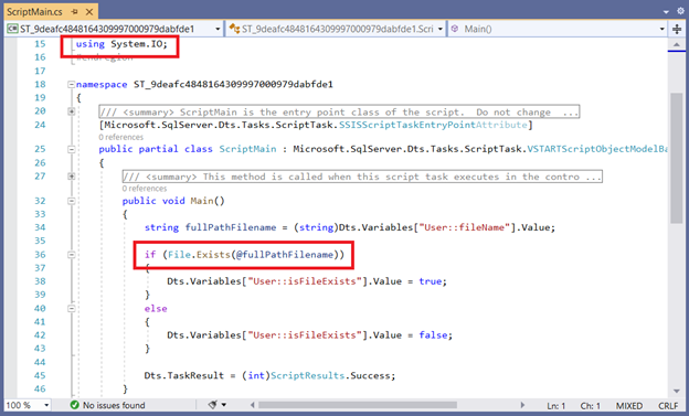 The actual script in C# for the Script Task. Note the additional namespace and the if conditional block.