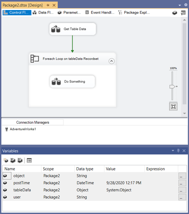 The second SSIS package example that checks for data in a table before proceeding to process.