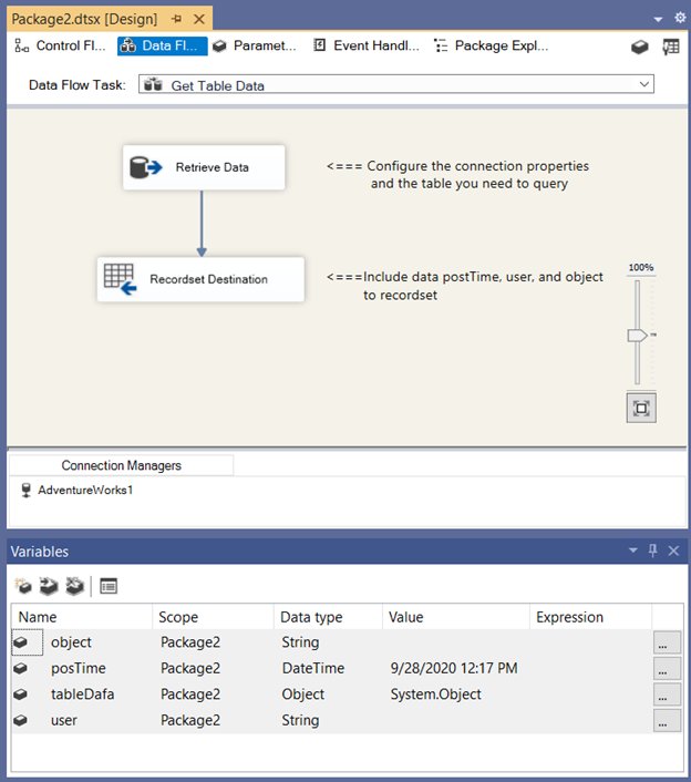 Retrieving data from the SQL table to the recordset.