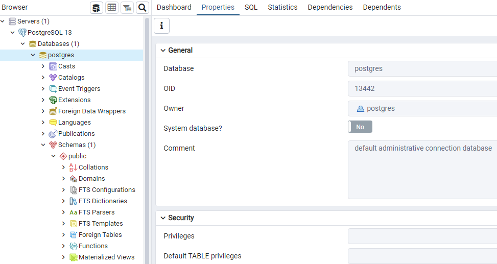 properties in postgres