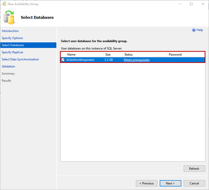 Choose the database to add to the availability group on the Select Databases screen