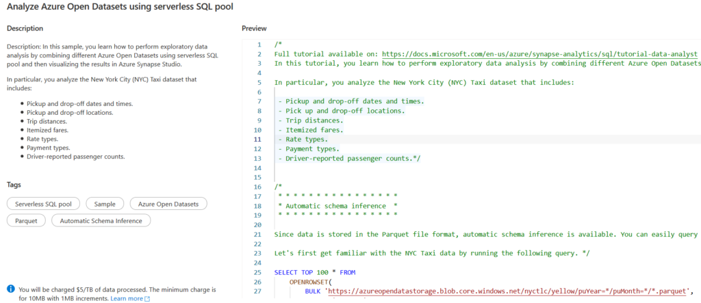 Analyze Azure Open Datasets using Serverless SQL pool