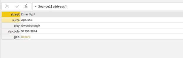 You will see sub-fields of the address – street, suite, city, zip code, and geographical location. The geographical location in its turn consists of more fields that you can click and view