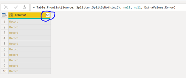 To create a table with multiple columns corresponding to fields of imported JSON objects, click the double arrow symbol next to the column name