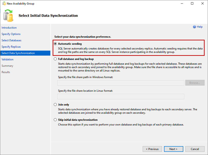 Select Initial Data Synchronization screen