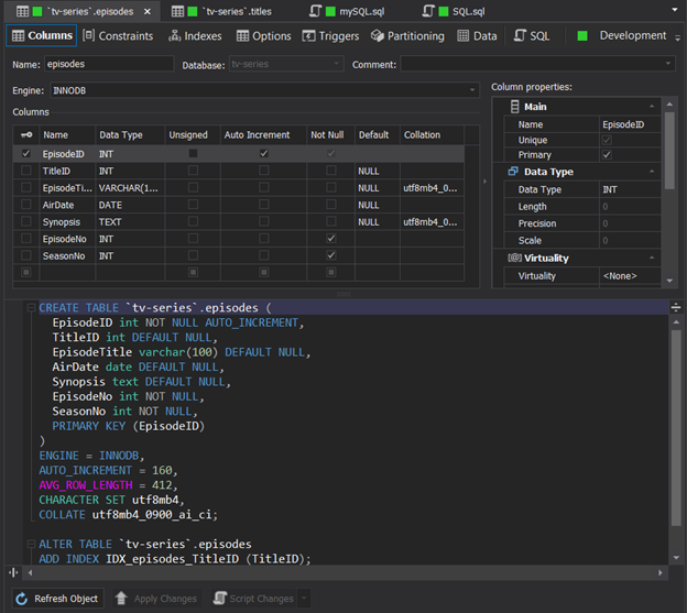 TV series Episodes table structure.
