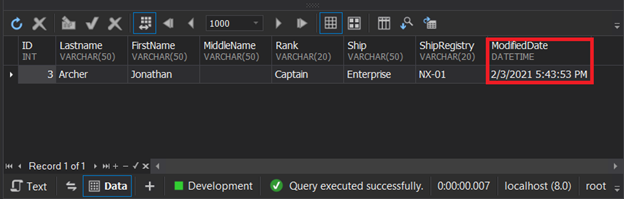 Result set showing the generated default value for ModifiedDate column