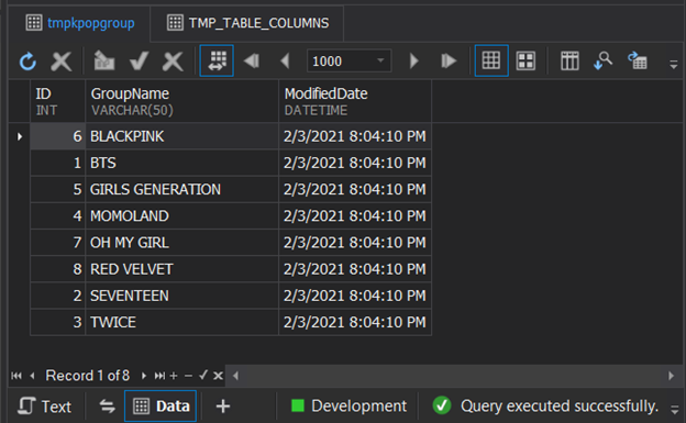 Result set after inserting records to a temporary table