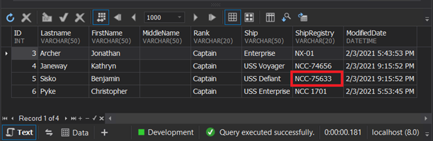 The records after the INSERT…ON DUPLICATE KEY UPDATE. Notice the updated ship registry number boxed in red