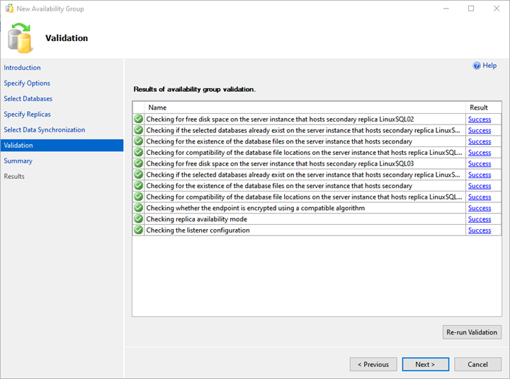 On the Validation screen, the wizard validates all the configurations. 