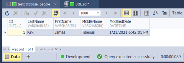 The default value for ModifiedDate defined in CREATE TABLE works as expected after the INSERT statement.