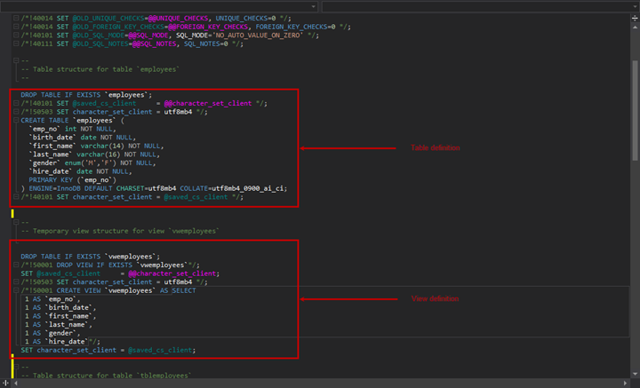 The command saves the backup file to C:\MySQLBackup\EltechDB. Open the eltechDB_schema.sql file