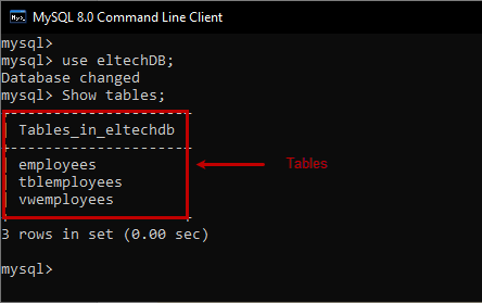 The output of the query to view the tables