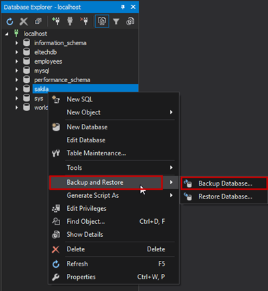 Open dbForge Studio for MySQL and connect to the MySQL instance. Then right-click on the sakila database > Backup and Restore > Backup database.