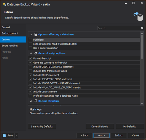 On the Options screen, configure the backup performance