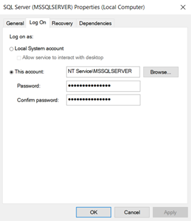 Logon Details for SQL Server Services