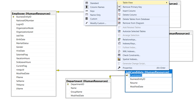 Right-click on any table to change the table view and the content displayed for that table