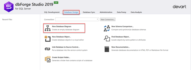 New Database Diagram option under the Database Design window