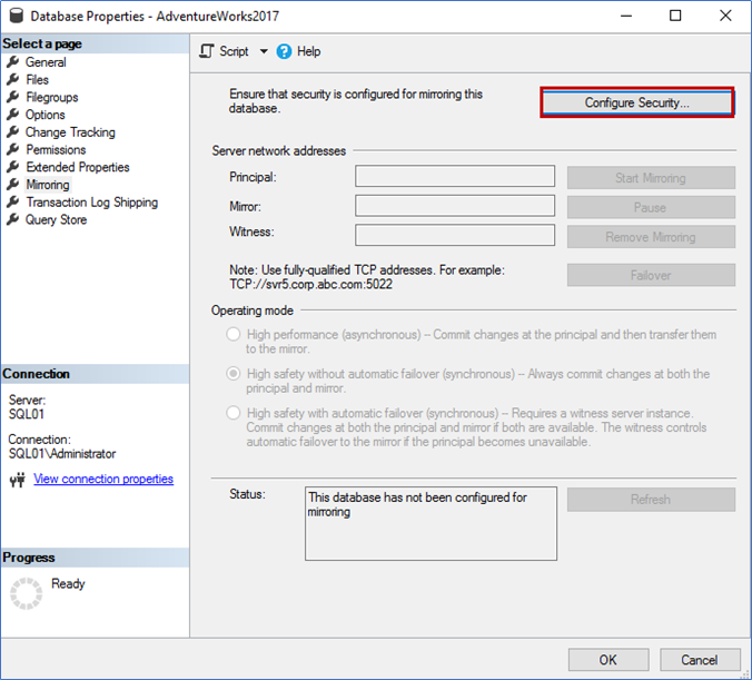 On the Database Properties dialog box, click on Configure Security