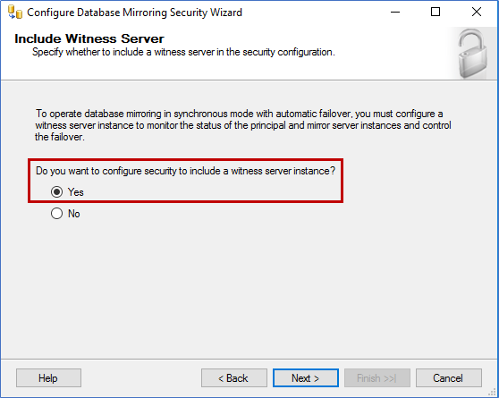 Configure Database Mirroring Security Wizard