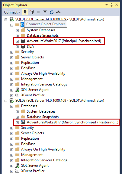 View the database mirror synchronization status from the SQL Server Management Studio