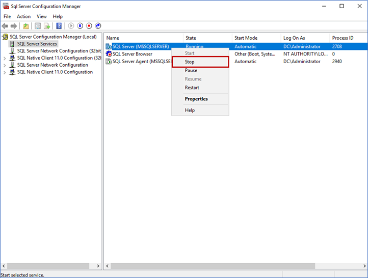 To stop the services on SQL Server, RDP to SQL01 > Open SQL Server configuration manager > right-click on SQL Server services > Click Stop.