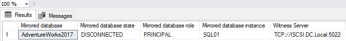 The output of the query to see the status of the principal and mirrored instance