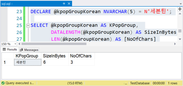 Korean characters with size in bytes and number of characters