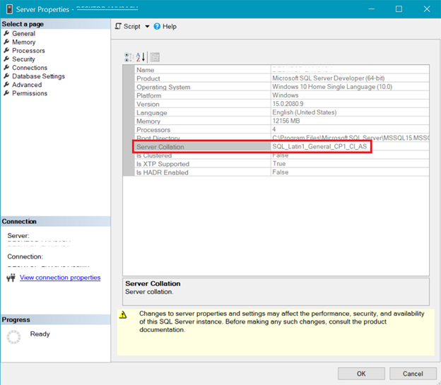 Server properties highlighting server collation