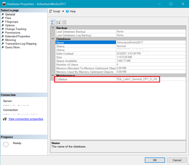 Database properties of AdventureWorks highlighting collation information