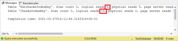 CHAR index key used more logical reads than VARCHAR index key when inserting records