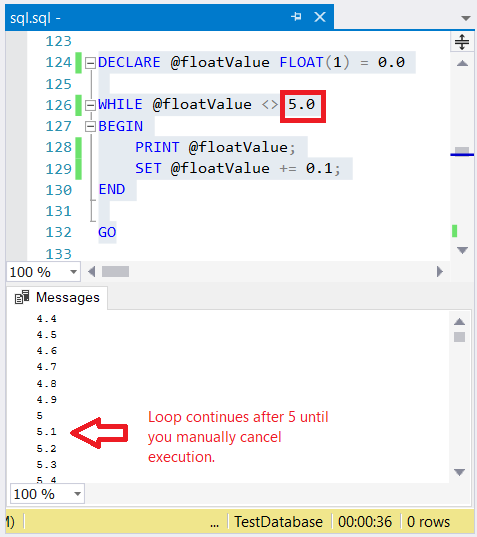 Infinite loop results using FLOAT as a counter