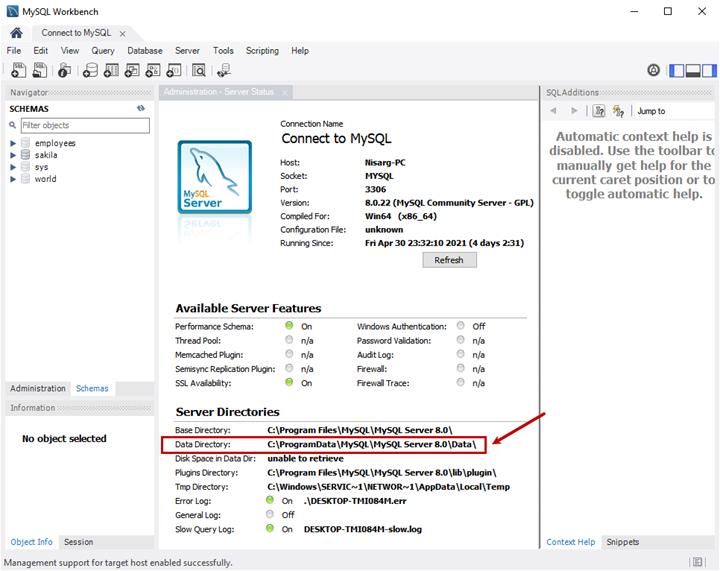 Data Directory location in MySQL Workbench