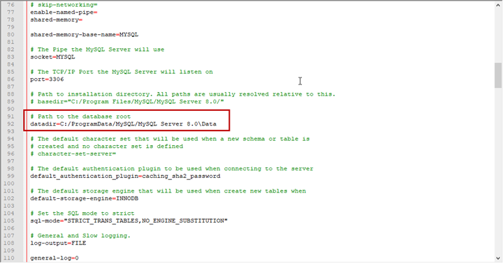 data directory path specified in the Datadir parameter