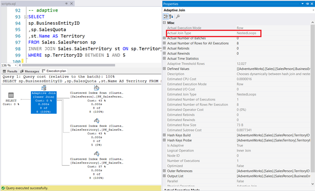 An Actual Execution Plan Showing an Adaptive Join. The Query Optimizer decided on Nested Loop as the best physical join at runtime.