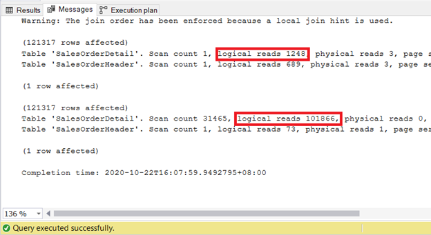 STATISTICS IO of 2 queries. The first one has no join hint. The other is the opposite. Forcing the physical join results in a higher logical read.