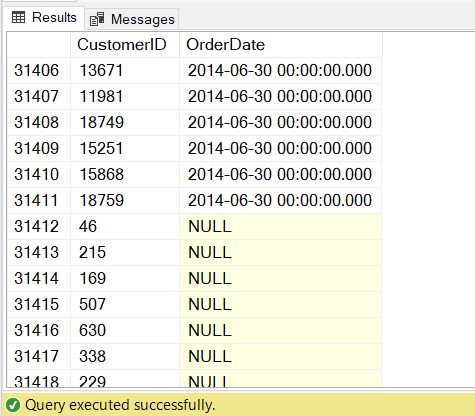 Result set from a LEFT OUTER JOIN that shows both inner and outer rows. Outer rows are those with null values.