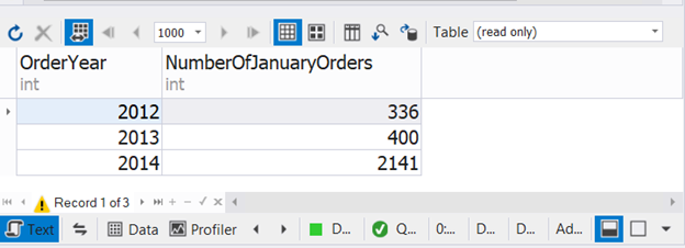 Result set with the number of January orders for 3 consecutive years combined using SQL UNION