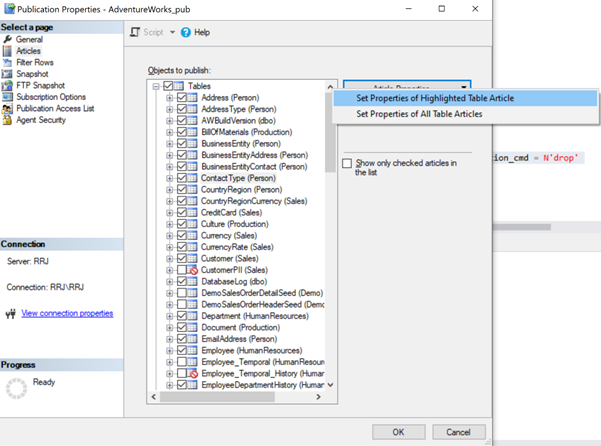 Set Properties of Highlighted Table Article