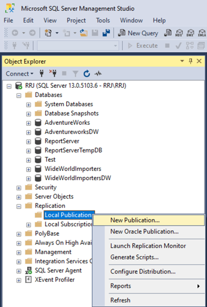 Expand Replication and right-click on New Publication