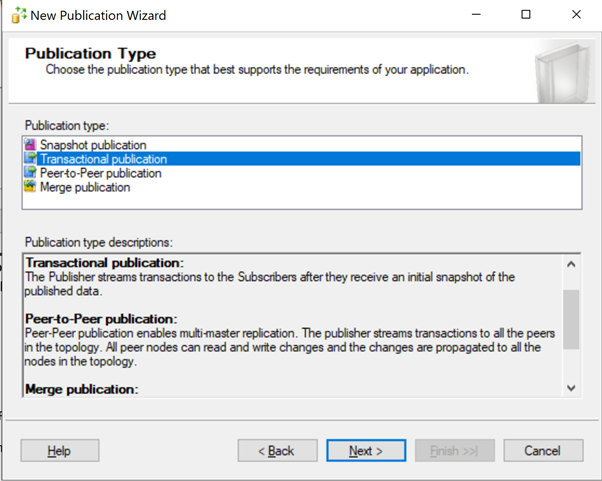 Publication Type – Transactional Replication.