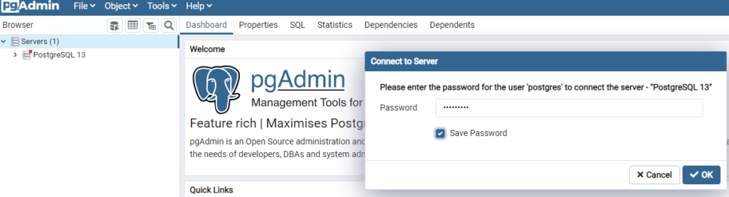 locally installed postgreSQL