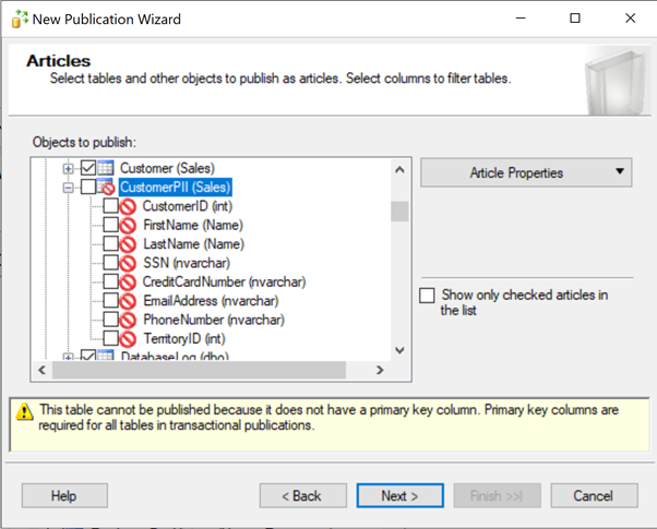 warning indicating that a table can’t be replicated because it doesn’t have a Primary Key