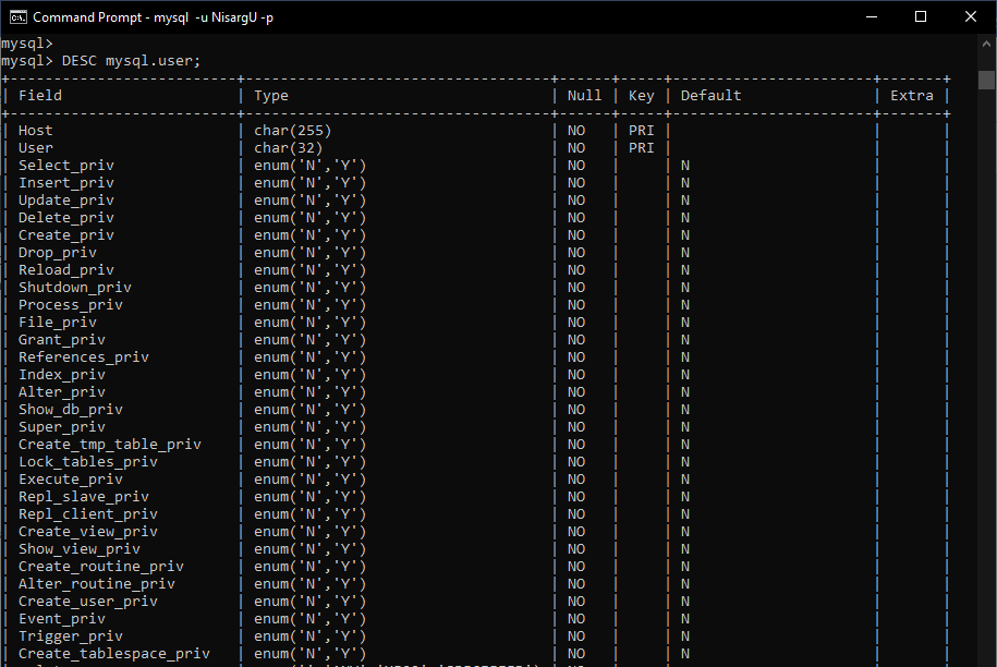 view the structure of mysql.user table