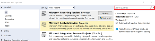 Open Visual Studio and click Tools > Extension and Updates